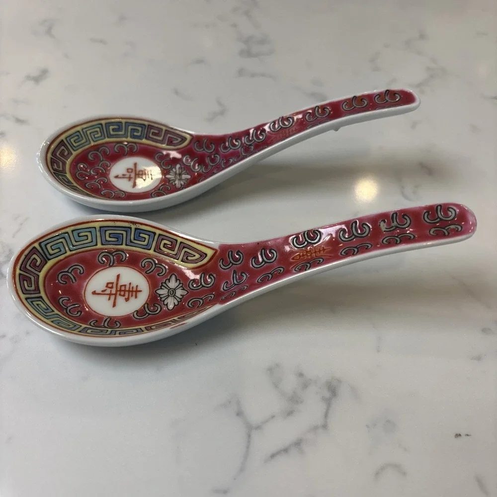 VTG Chinese Porcelain Spoons Geometric Designs‎ With Chinese Characters 5.5